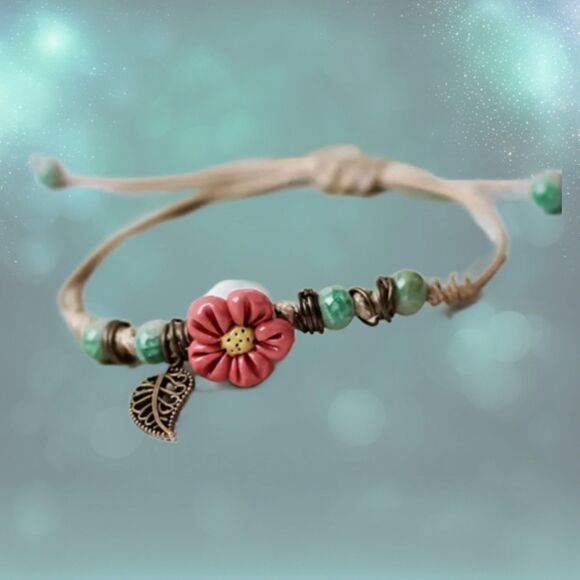 Macrame Boho Bracelet Coral Flower Light Green Beads Hippie Adjustable - Picture 1 of 6